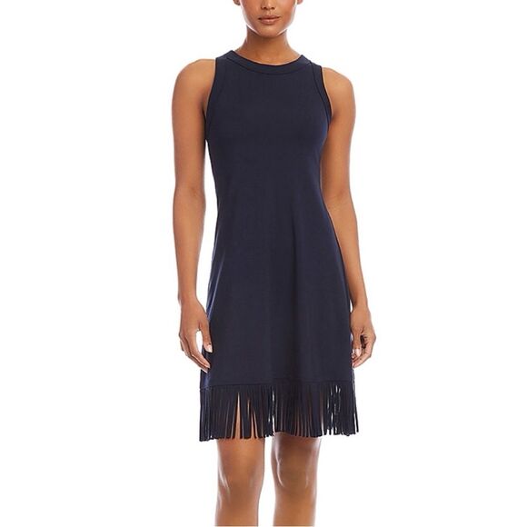 Karen Kane Navy Blue Fringe Hem Sleeveless Tank Dress Stretch Knit XS NWT - Picture 1 of 14